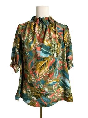 2 Hearts Tunic Blouse Womens Medium Multicolor Floral Ruffle High Neck Top Boho